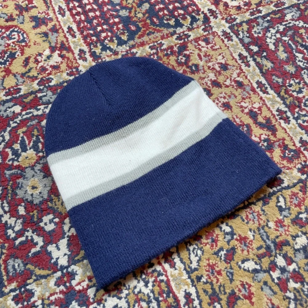 VTG 00s Dallas Cowboys Knit Striped Logo‎ Beanie Hat NFL Navy Blue White Gray